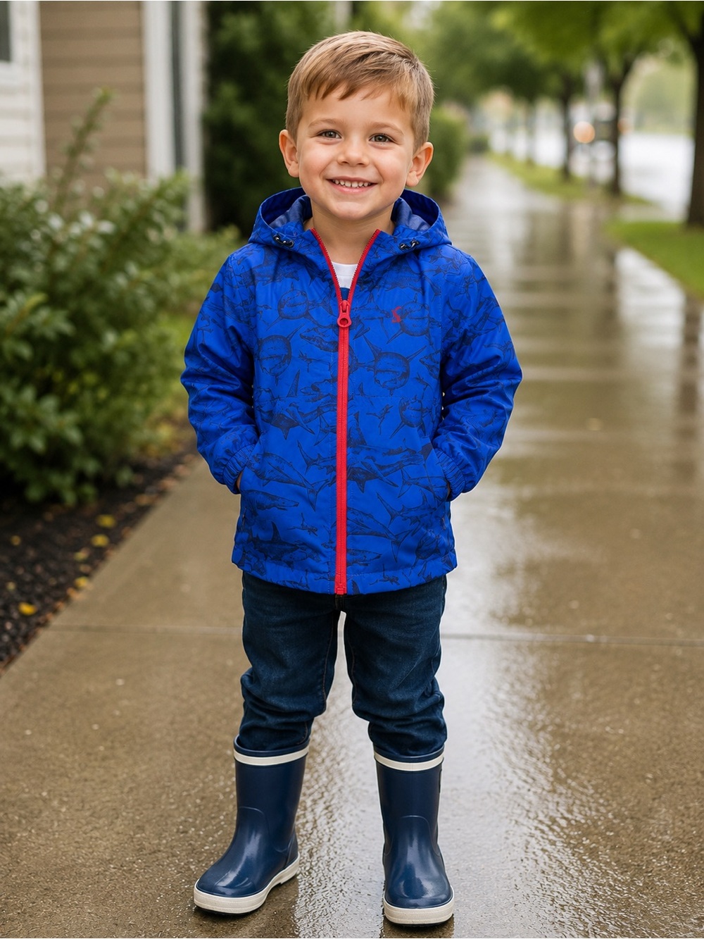 Joules Royal Blue Shark-Print Hooded Raincoat with Red Zip